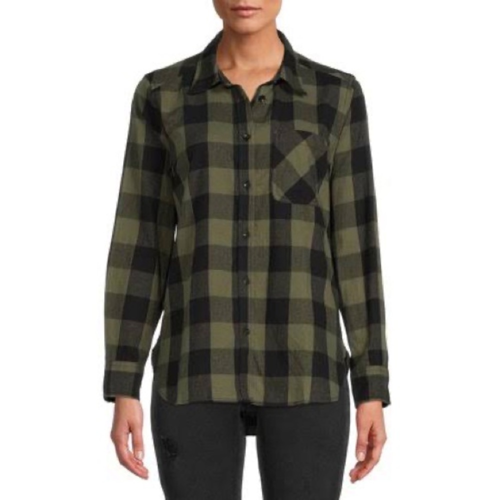 Time and Tru Women's Plaid Button Front Flannel Shirt, Size L